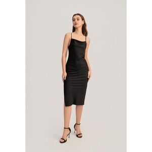 LILYSILK Black Alluring Cowl Stretch Silk Slip Dress Size 12 Cowl Neck Midi Slit